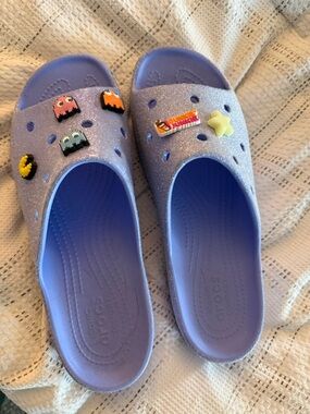 CROCS Glitter Lavender Slide Sandals with Jibbitz Charms